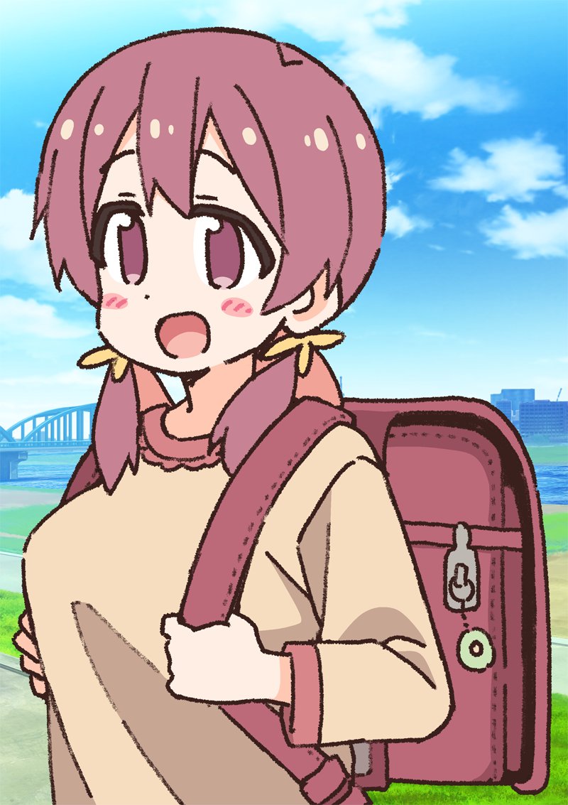 1girl, :d, aged_down, backpack, bag, blue_sky, blush_stickers, breasts