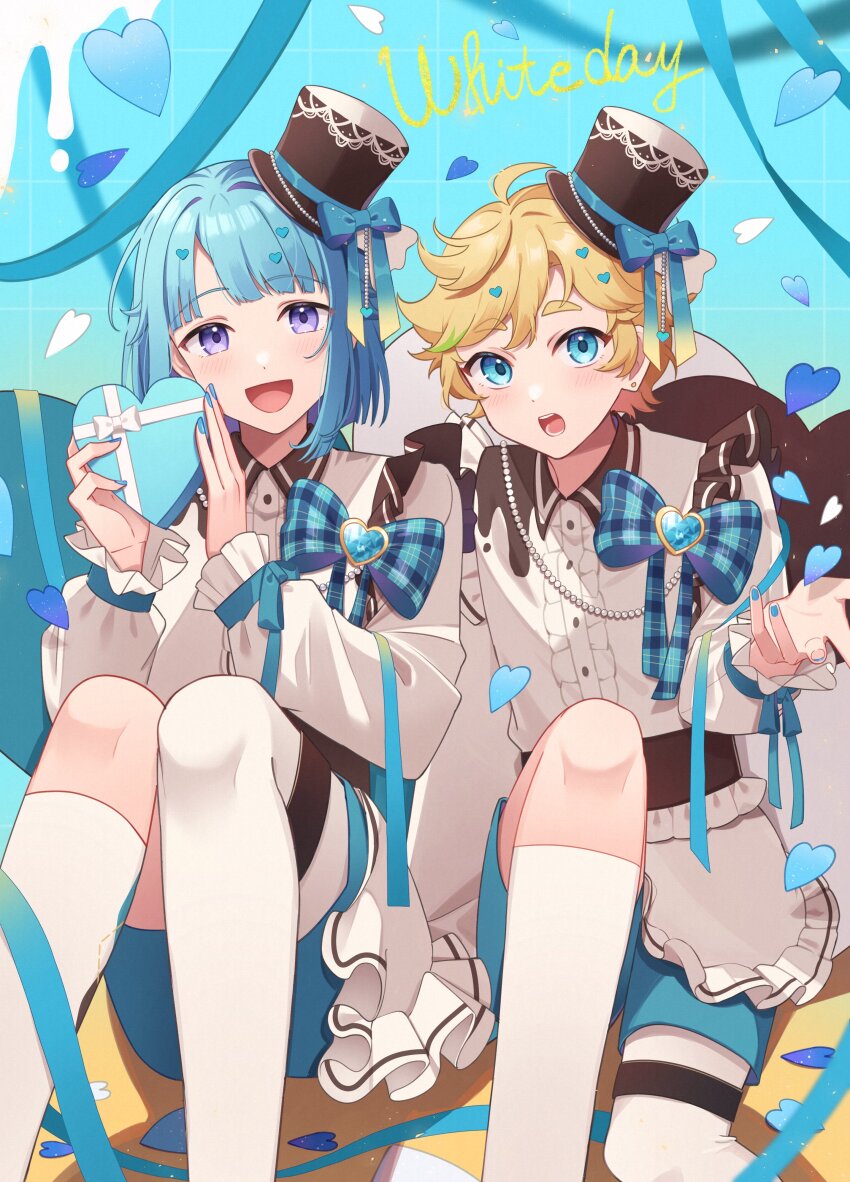 2boys, :d, :o, absurdres, ahoge, androgynous, apron, beads