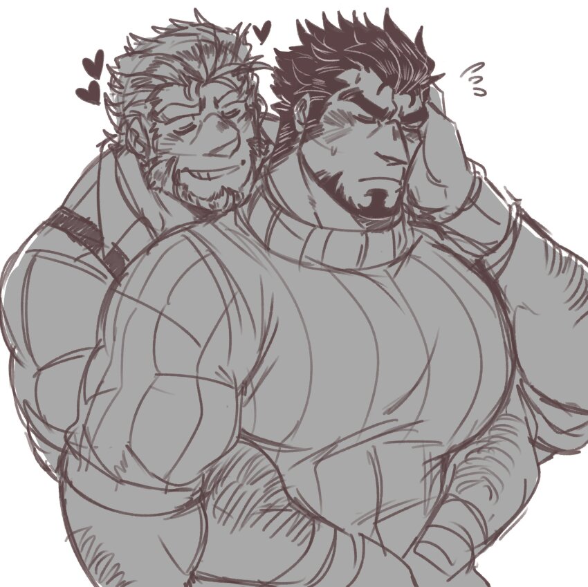 2boys, arm_hair, bara, beard, blush, collared_shirt, couple, embarrassed