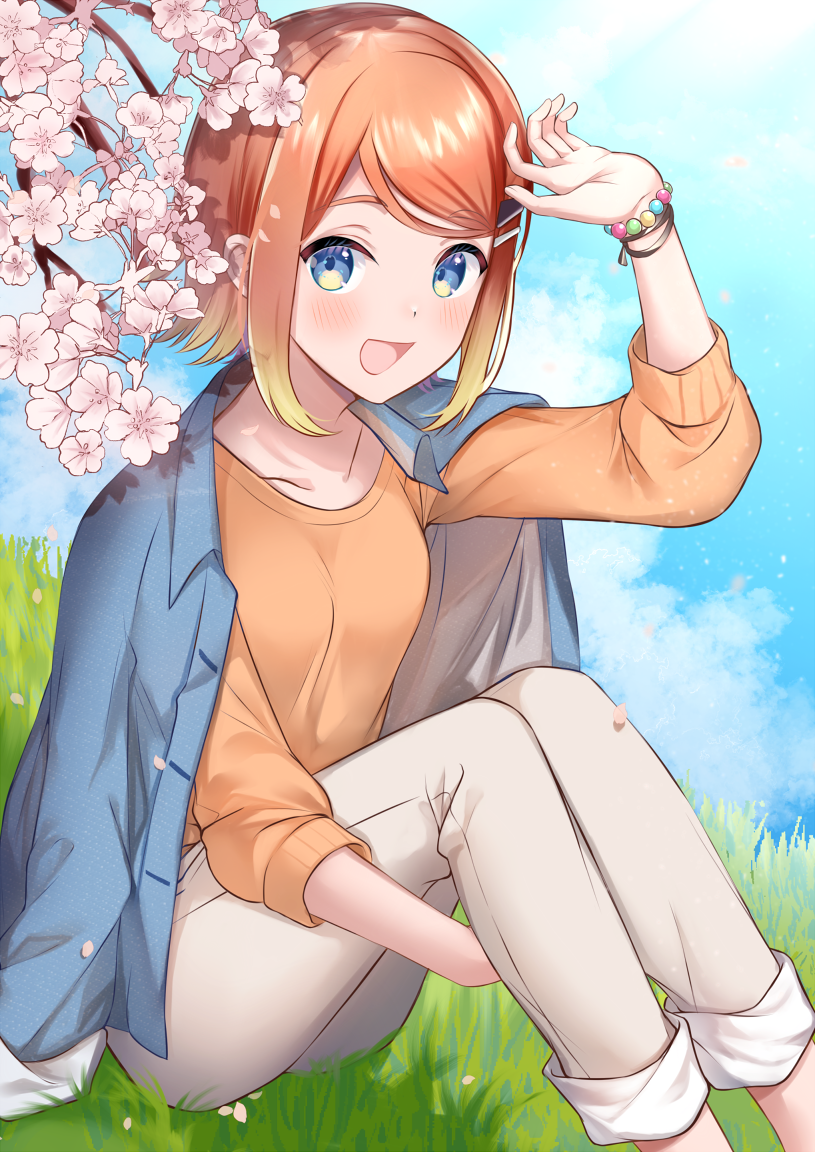1girl, :d, blonde_hair, blue_eyes, blue_sky, branch, breasts, brown_sweater, cloud, commentary_request, day, flower, gradient_hair, grey_pants, hair_ornament, hairclip, hugging_own_legs, indie_virtual_youtuber, knees_up, looking_at_viewer, mashiro_aa, multicolored_hair, neki_(vtuber), open_mouth, outdoors, pants, pink_flower, short_hair, sitting, sky, small_breasts, smile, solo, sweater, swept_bangs, thick_eyebrows, virtual_youtuber