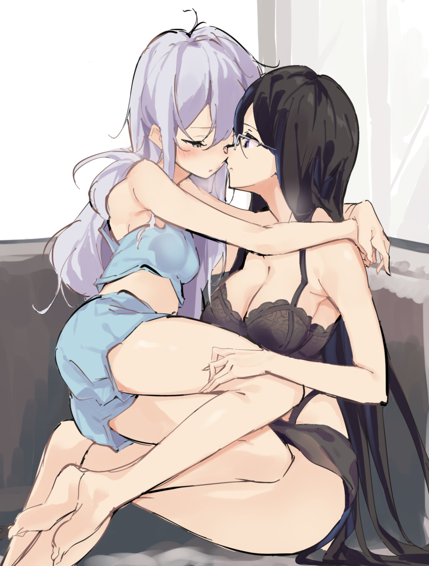 2girls, age_difference, bare_arms, bare_shoulders, barefoot, black_bra, black_hair, blue_camisole, blue_shorts, blush, bra, breasts, breath, camisole, child, cleavage, closed_mouth, commentary_request, couch, eye_contact, glasses, grey_hair, highres, kozakura_(urasekai_picnic), lamb_(hitsujiniku), long_hair, looking_at_another, medium_breasts, multiple_girls, on_couch, onee-loli, profile, purple_eyes, short_shorts, shorts, soles, underwear, urasekai_picnic, uruma_satsuki, very_long_hair, white_background, yuri
