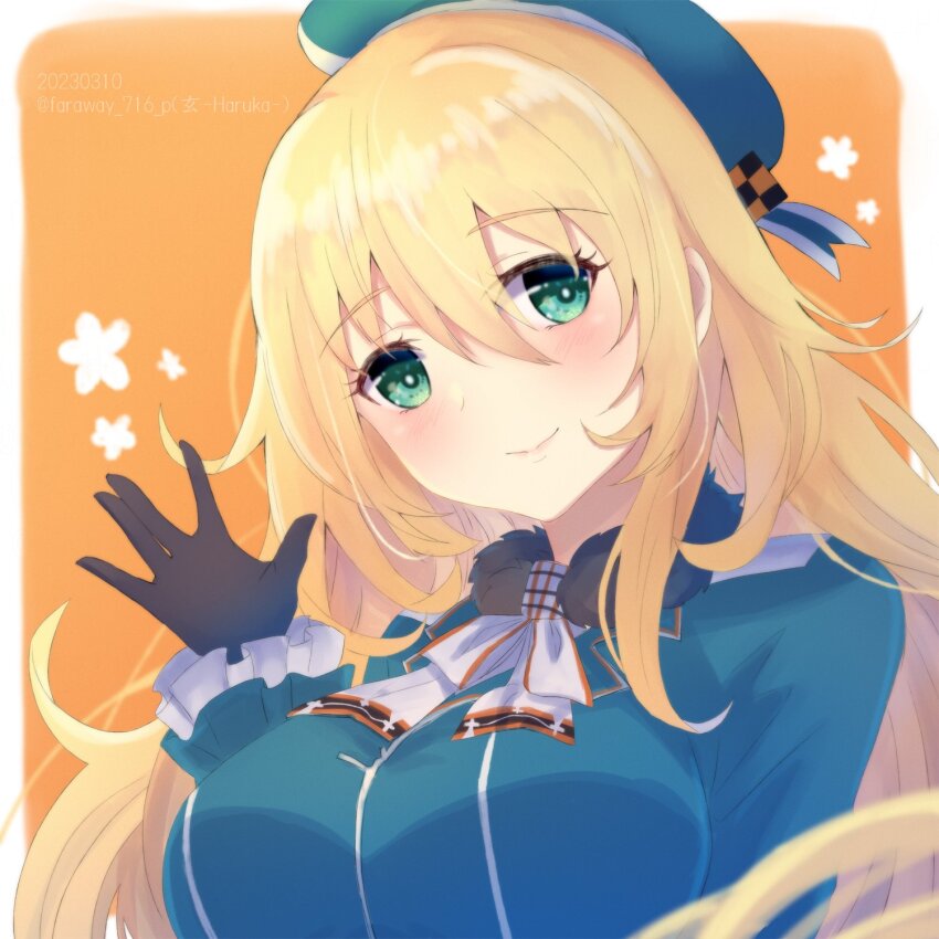 1girl, ascot, atago_(kancolle), beret, black_gloves, blonde_hair, blue_hat, blue_jacket