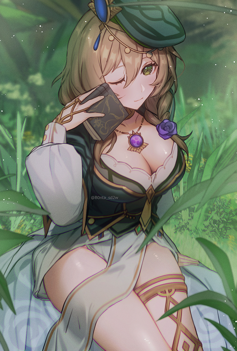 1girl, ;), braid, breasts, brown_hair, cleavage, closed_mouth, day, dress, flower, genshin_impact, grass, green_dress, green_eyes, green_hat, hat, jewelry, large_breasts, layered_dress, lisa_(a_sobriquet_under_shade)_(genshin_impact), lisa_(genshin_impact), long_hair, long_sleeves, looking_at_viewer, necklace, one_eye_closed, outdoors, purple_flower, purple_rose, rose, sadiwosan, side_braid, sitting, smile, solo, thighlet, twitter_username, vision_(genshin_impact), white_dress