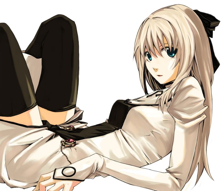 1girl, aqua_eyes, bad_id, bad_pixiv_id, black_thighhighs, blonde_hair, bow, cyrille_(shining_force_exa)