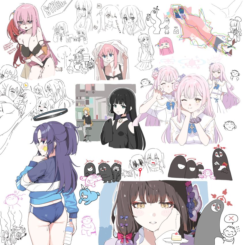 1boy, 6+girls, 7peach, absurdres, arona_(blue_archive), ass, bikini, blue_archive, bocchi_the_rock!, doodle_sensei_(blue_archive), fuuka_(blue_archive), gotoh_hitori, halo, hasumi_(blue_archive), highres, ichika_(blue_archive), ijichi_nijika, ijichi_seika, image_sample, juri_(blue_archive), justice_task_force_member_(blue_archive), kita_ikuyo, mika_(blue_archive), millennium_science_school_student_(blue_archive), millennium_science_school_student_b_(blue_archive), multiple_girls, sensei_(blue_archive), swimsuit, tsurugi_(blue_archive), twitter_sample, wakamo_(blue_archive), white_background, yuri, yuuka_(blue_archive), yuuka_(track)_(blue_archive)