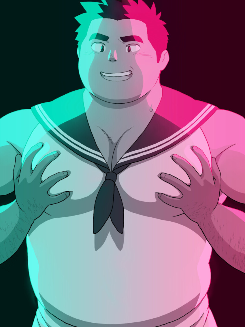 1boy, arm_hair, bara, bare_arms, belly, blue_sailor_collar, fat, fat_man