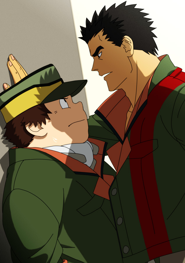 2boys, akihiro_altland, bara, biscuit_griffon, brown_hair, collared_jacket, dark-skinned_male, dark_skin