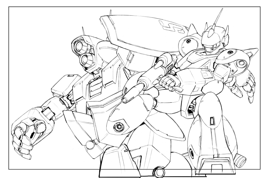 assault_visor, black_border, border, dillfam, flying, ginga_hyouryuu_vifam, greyscale, gun