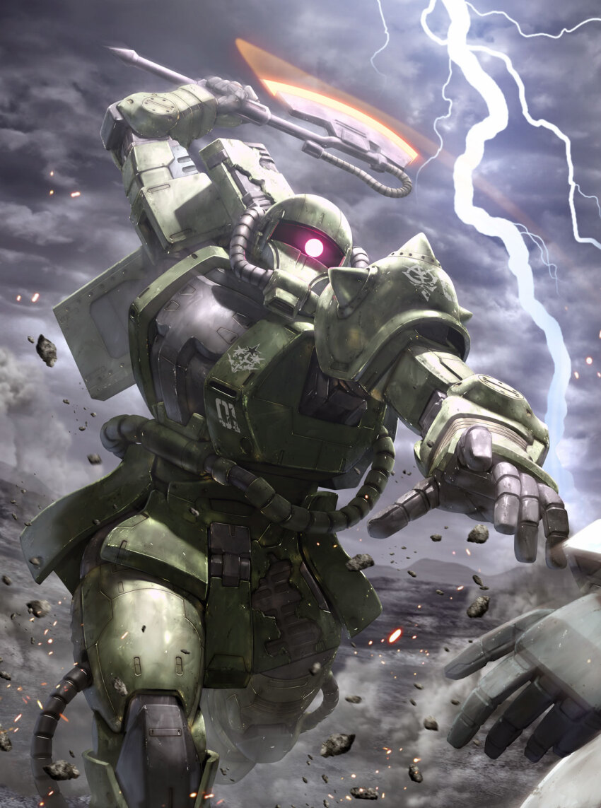 axe, battle, cloud, cloudy_sky, textless_cover_page, embers, glowing, glowing_eye, gundam, highres, holding, holding_axe, lightning, mecha, mecha_focus, mobile_suit_gundam, mobile_suit_gundam:_cucuruz_doan's_island, morishita_naochika, motion_blur, no_humans, official_art, one-eyed, open_hand, purple_eyes, robot, rx-78-2_gundam, sky, solo_focus, zaku_ii, zeon