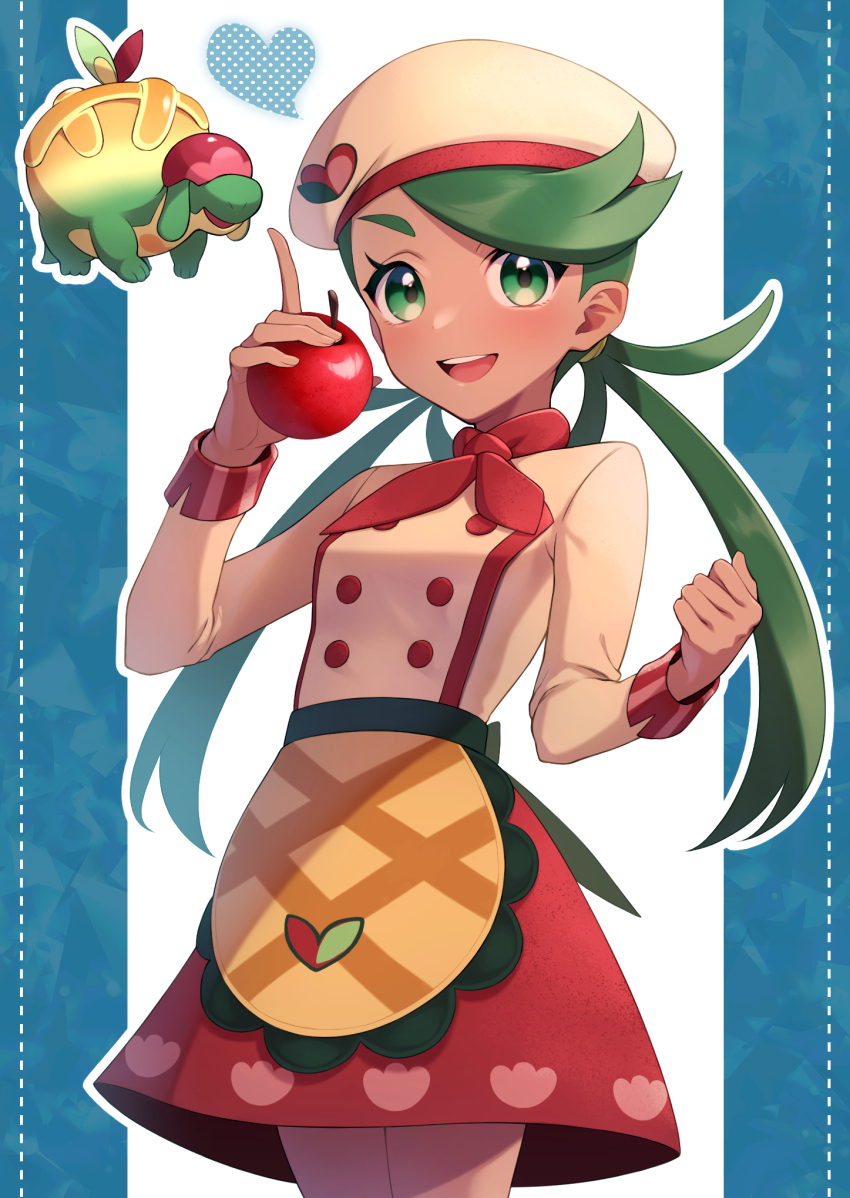 1girl, :d, apple, appletun, apron, beret, buttons, clenched_hand