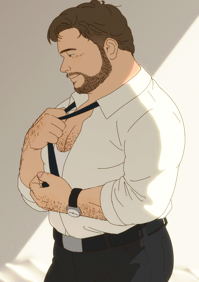 1boy, arm_hair, bara, beard, black_pants, blush, brown_hair, chest_hair, collared_shirt, crack_of_light, facial_hair, fat, fat_man, from_side, hairy, hand_up, loose_necktie, male_focus, mature_male, necktie, norijaga, old, old_man, original, pants, partially_unbuttoned, pectoral_cleavage, pectorals, salaryman, shirt, short_hair, smile, solo, sunlight, tank_top, undressing, watch, white_tank_top, wristwatch