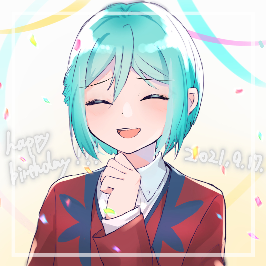 1boy, 2021, absurdres, aqua_hair, araki_mihaya, blazer, blush, closed_eyes, collared_shirt, happy_birthday, highres, jacket, long_sleeves, looking_at_viewer, male_focus, open_mouth, oshima_hanto, paradigm_paradox, red_jacket, shirt, smile, solo, white_background, white_shirt