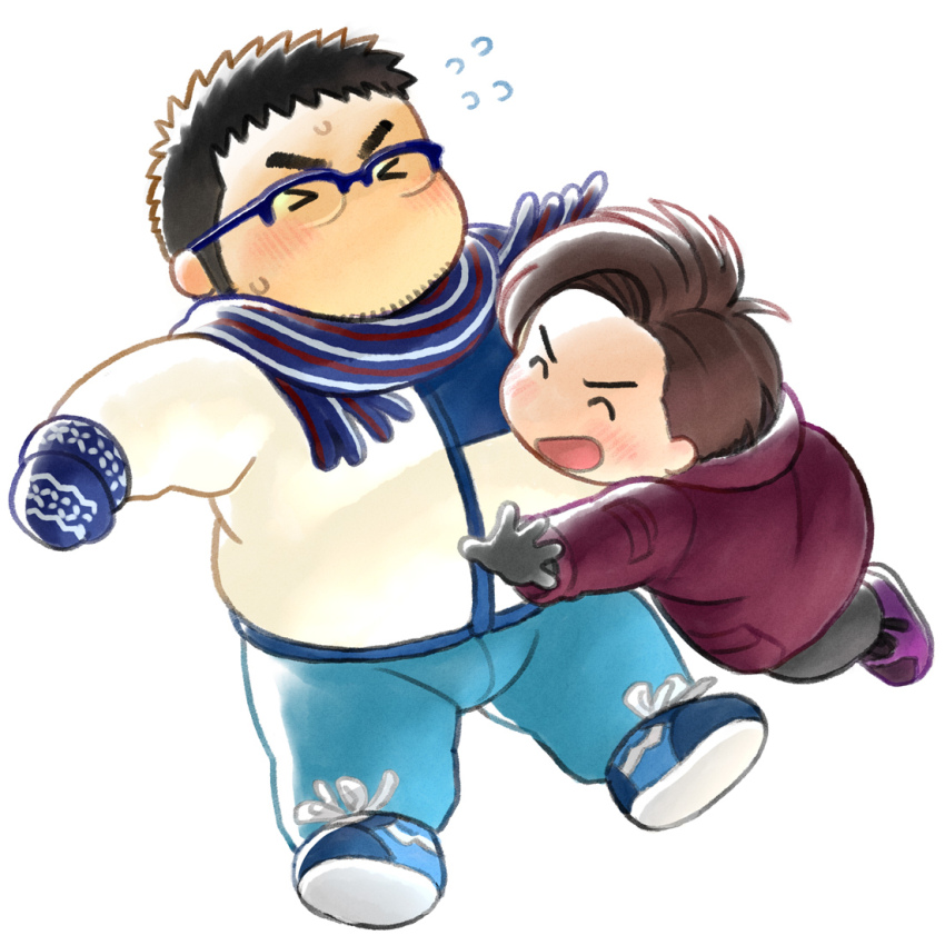 >_<, 2boys, ^_^, bara, beard, blue-framed_eyewear, chibi, closed_eyes