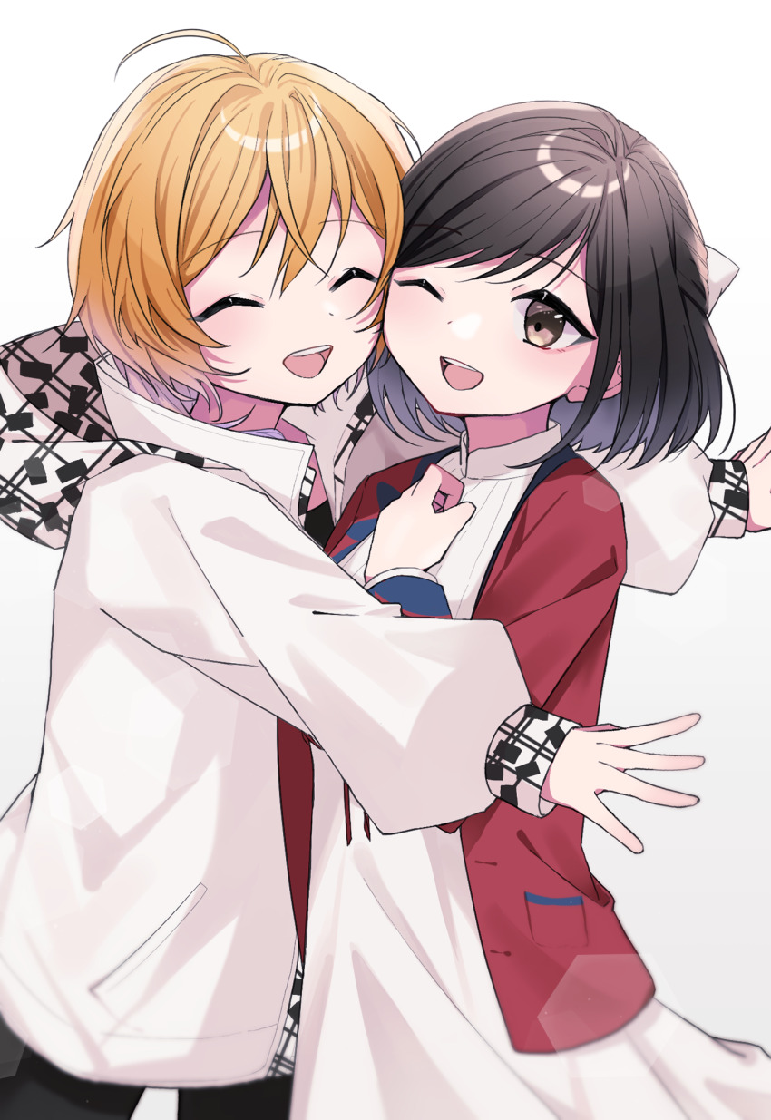 1boy, 1girl, ahoge, blazer, brown_eyes, brown_hair, closed_eyes, dress