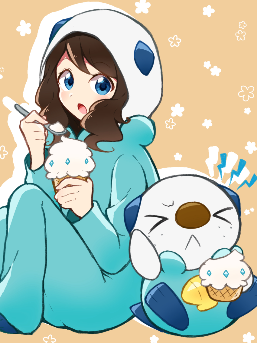 >_<, 1girl, :<, :o, alternate_costume, blue_eyes, brain_freeze, brown_hair