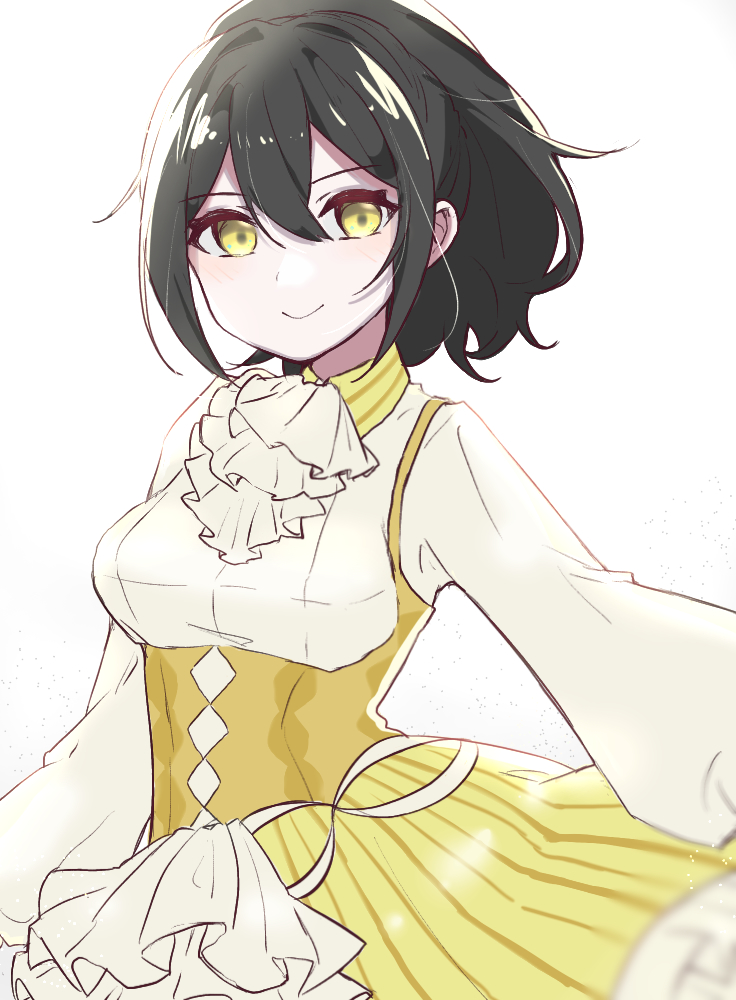 1girl, black_hair, blush, closed_mouth, dress, kaori_(paradigm_paradox), long_hair, long_sleeves