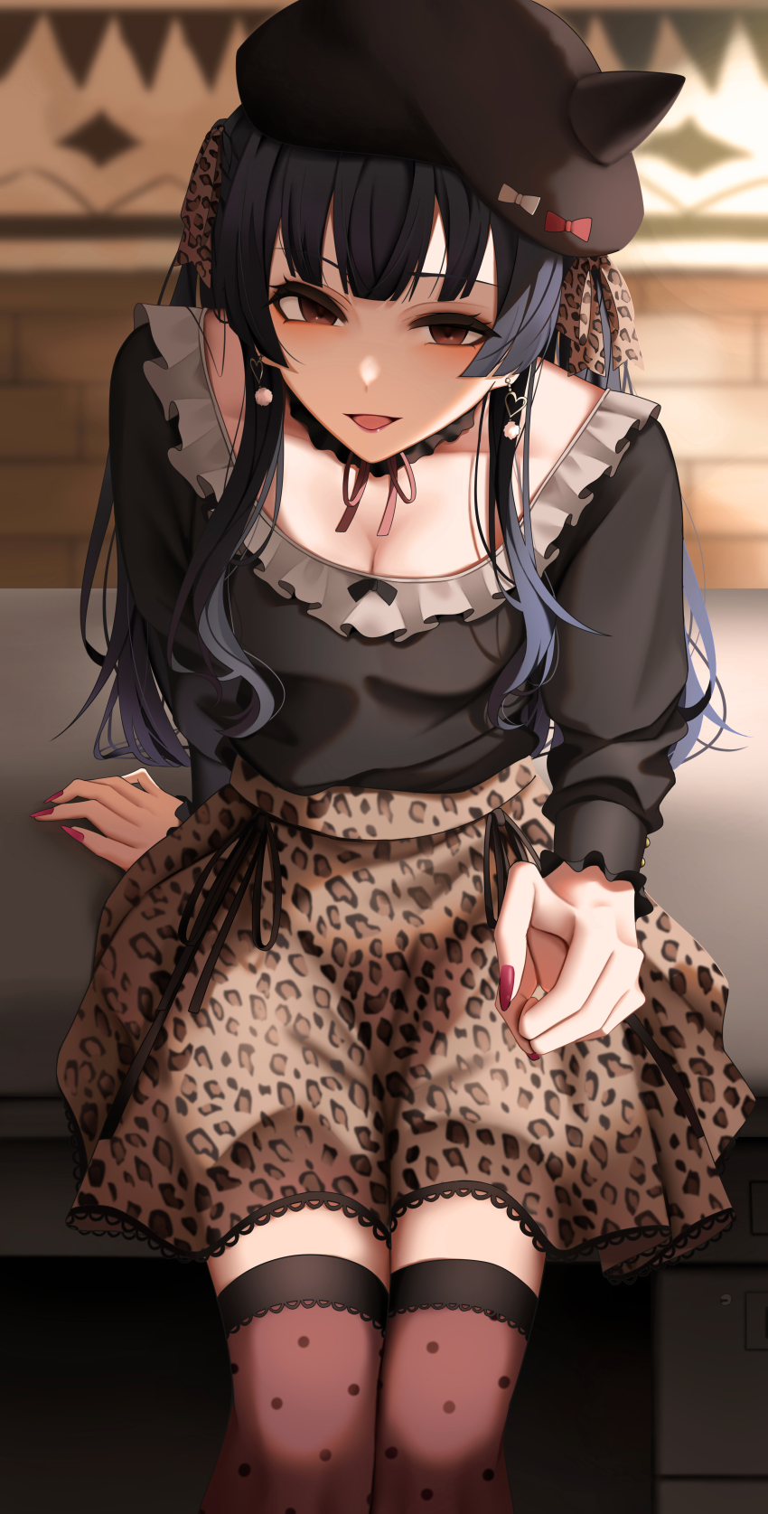 1girl, absurdres, animal_print, beret, black_dress, black_hair, blurry, breasts, brown_eyes, cleavage, depth_of_field, dress, empty_eyes, hat, highres, idolmaster, idolmaster_shiny_colors, kyamcya, leopard_print, long_hair, long_sleeves, mayuzumi_fuyuko, medium_breasts, red_nails, shaded_face, sitting, smile, solo, thighhighs, zettai_ryouiki