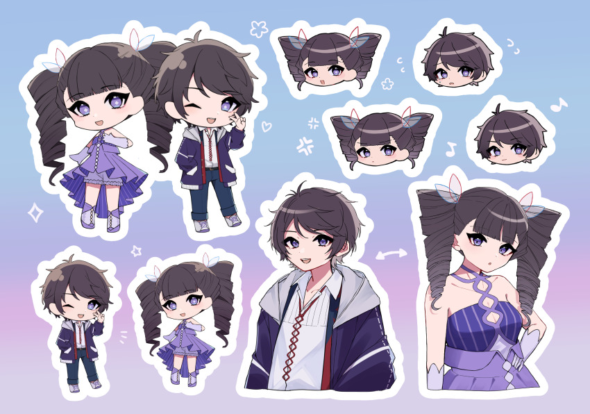 1boy, 1girl, black_hair, blue_jacket, chibi, choker, dress, drill_hair