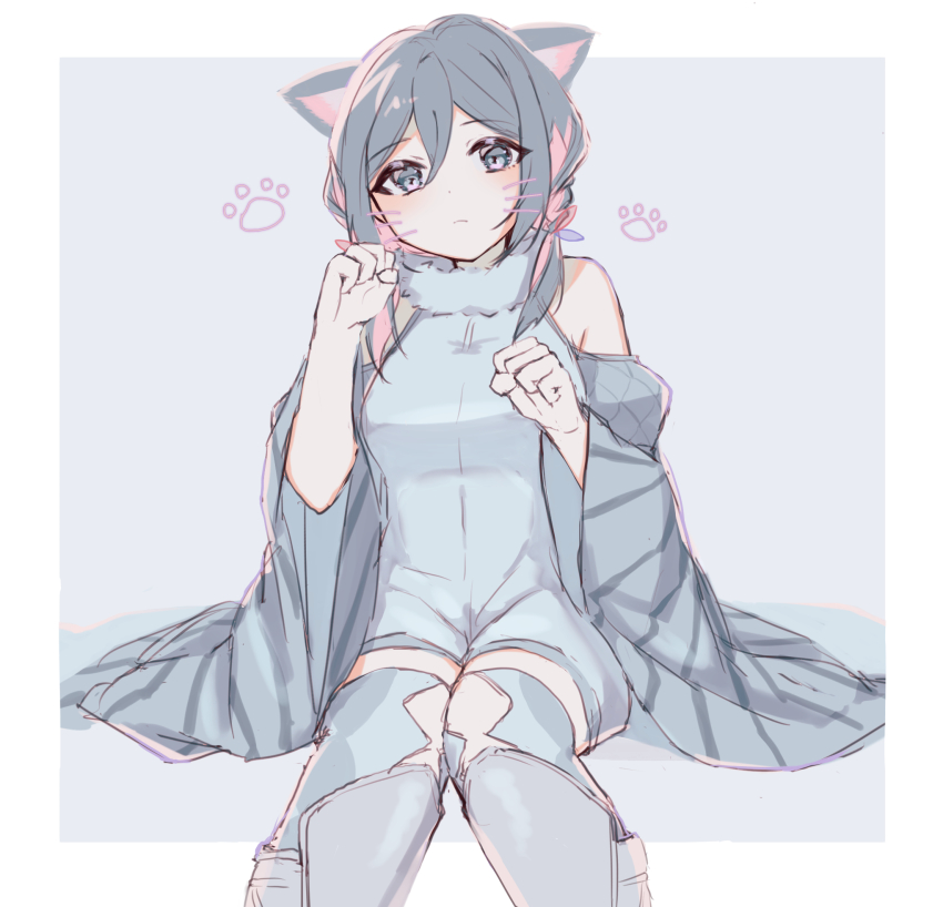 1girl, blue_eyes, blue_hair, blue_leotard, blue_thighhighs, blush, boots, border, drawn_ears, drawn_whiskers, grey_background, highres, leotard, looking_at_viewer, low_twintails, medium_hair, moka_(paradigm_paradox), open_mouth, oshima_hanto, paradigm_paradox, paw_pose, solo, thigh_boots, thighhighs, twintails, white_border