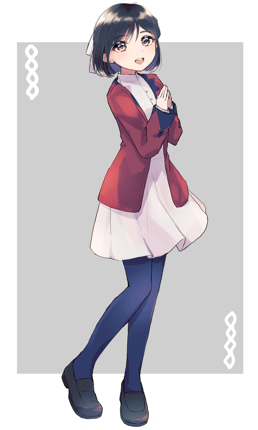 1girl, absurdres, black_hair, blazer, blue_leggings, bow, brown_eyes, dress