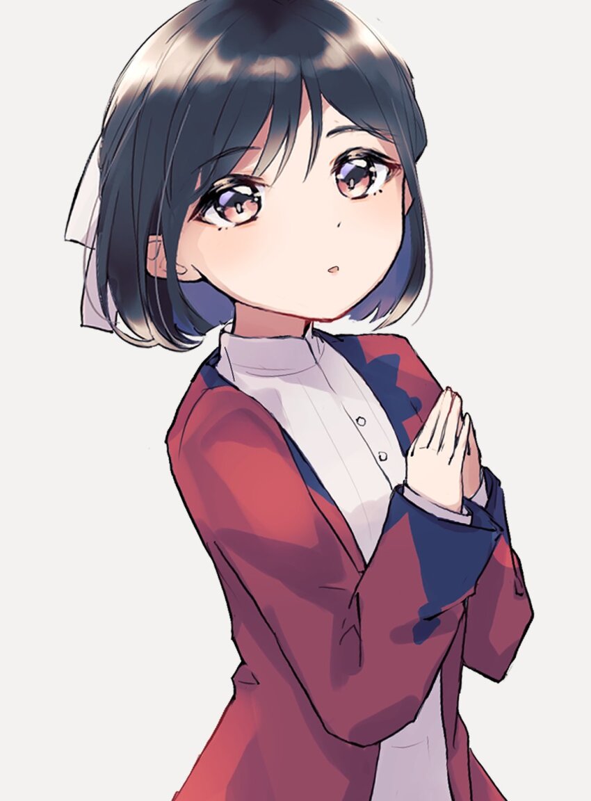 1girl, black_hair, blazer, bow, brown_eyes, dress, grey_background, hair_bow