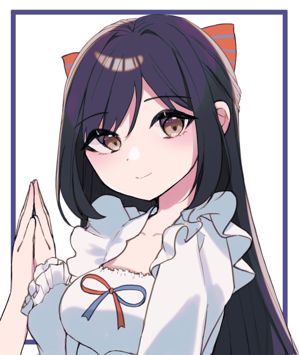 1girl, black_hair, blue_border, blue_bow, border, bow, brown_eyes, closed_mouth