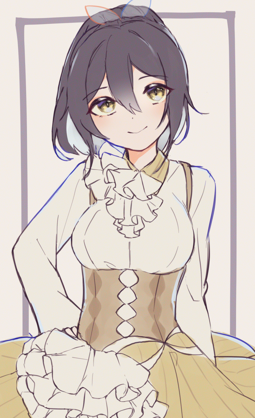 1girl, black_hair, border, closed_mouth, dress, hair_ribbon, hand_on_own_hip, highres, kaori_(paradigm_paradox), long_hair, long_sleeves, looking_at_viewer, multicolored_dress, oshima_hanto, paradigm_paradox, ponytail, purple_border, ribbon, smile, solo, white_background, white_dress, yellow_dress, yellow_eyes