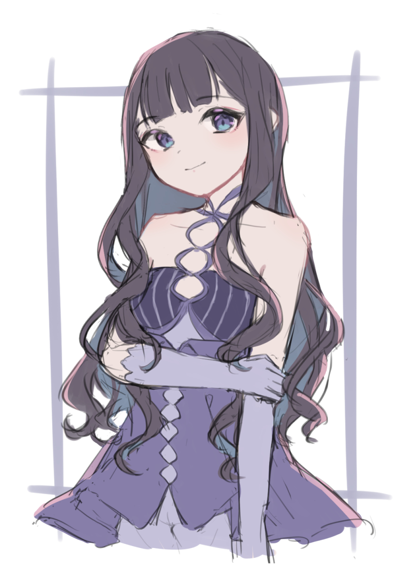 1girl, alternate_hairstyle, black_hair, border, dress, gloves, grey_gloves, hair_down
