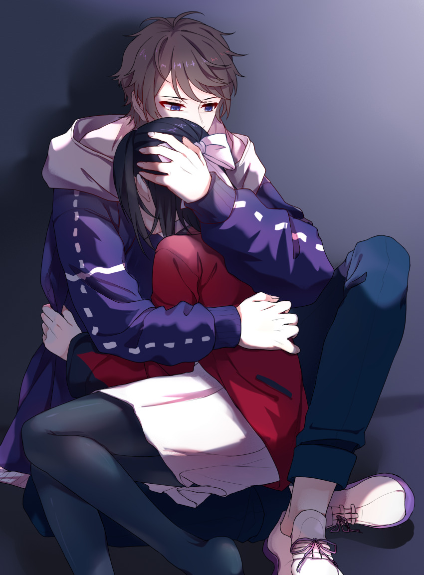 1boy, 1girl, absurdres, black_hair, blazer, blue_jacket, bow, chikong_ice