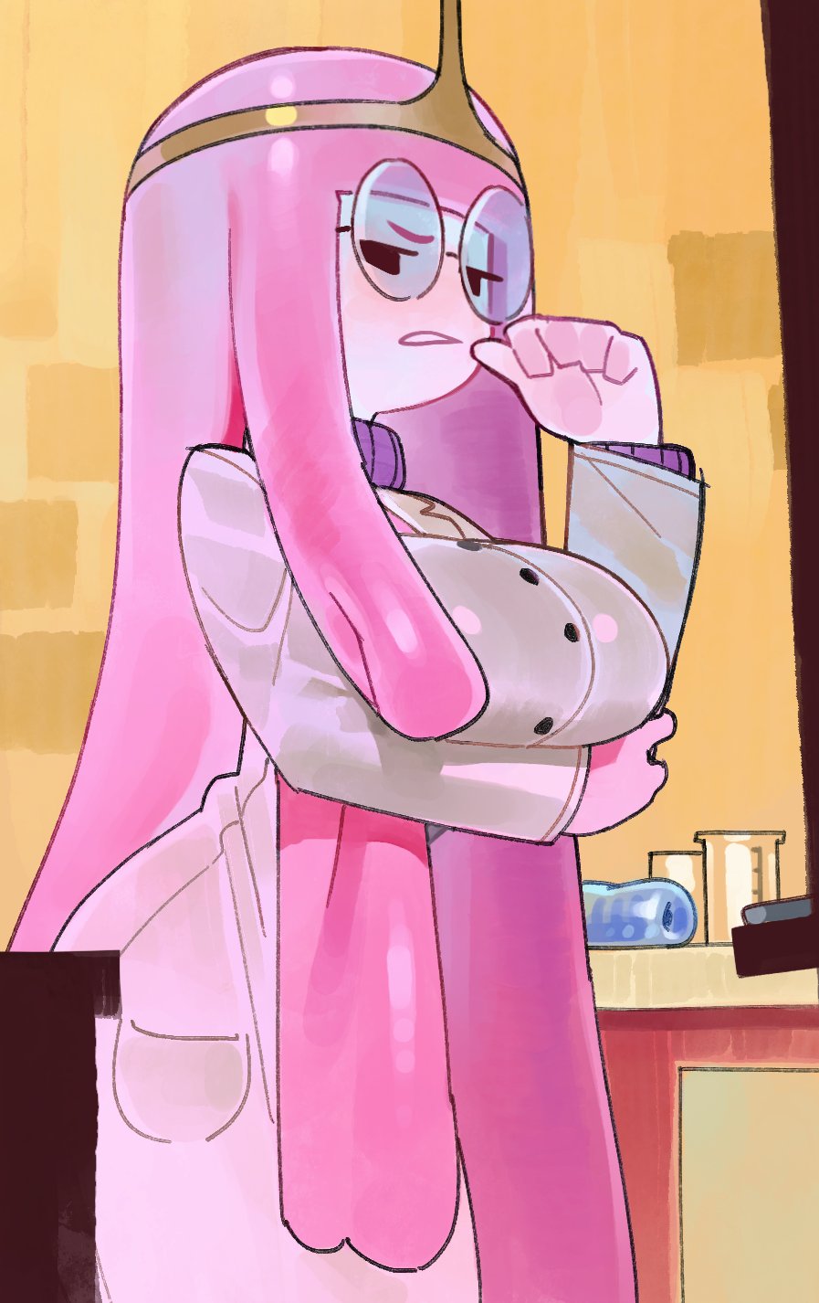 1girl, adventure_time, arm_under_breasts, artificial_vagina, blunt_bangs, breasts, female_focus, glasses, highres, lab_coat, large_breasts, long_hair, long_sleeves, pink_hair, princess_bonnibel_bubblegum, purple_sweater, round_eyewear, scientist, sex_toy, solo, sweater, very_long_hair, wamudraws