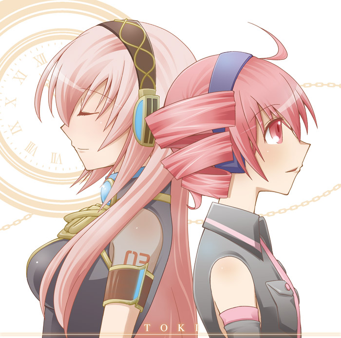 2girls, closed_eyes, closed_mouth, crossover, detached_sleeves, drill_hair, from_side, headphones