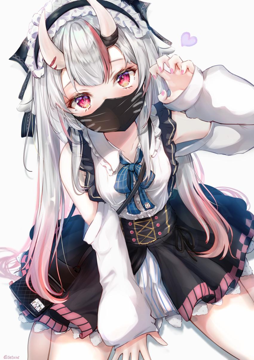 1girl, arm_support, between_legs, black_bow, black_mask, black_skirt, blue_ribbon, blush, bow, breasts, center_frills, claw_pose, clothing_cutout, collared_shirt, commentary, covered_mouth, frilled_hairband, frilled_shirt, frilled_shirt_collar, frills, gradient_hair, grey_hair, hair_bow, hairband, hand_between_legs, hand_up, high-waist_skirt, highres, hololive, horns, lolita_fashion, lolita_hairband, long_hair, looking_at_viewer, mask, miniskirt, mouth_mask, multicolored_hair, nail_polish, nakiri_ayame, nakiri_ayame_(girly), neck_ribbon, official_alternate_costume, official_alternate_hairstyle, overskirt, pink_nails, pinstripe_pattern, pinstripe_skirt, red_eyes, red_hair, ribbon, seta_(seta105), shirt, shoulder_cutout, sitting, skin-covered_horns, skirt, sleeve_cuffs, small_breasts, solo, streaked_hair, striped, suspender_skirt, suspenders, twintails, underbust, virtual_youtuber, wariza, white_shirt, white_skirt