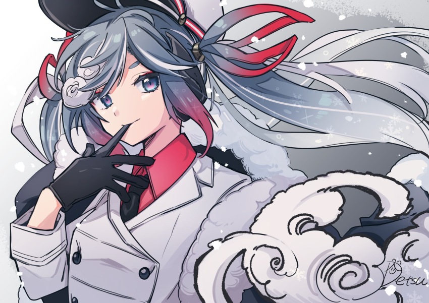 1girl, biting, black_gloves, black_necktie, blue_eyes, blue_hair, buttons, colored_tips