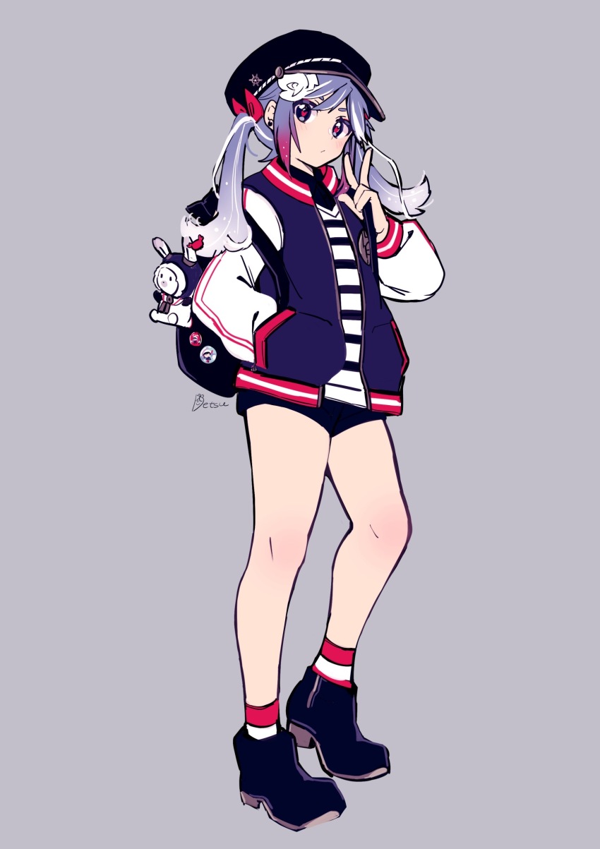 1girl, absurdres, adapted_costume, backpack, badge, bag, bare_legs, bike_shorts