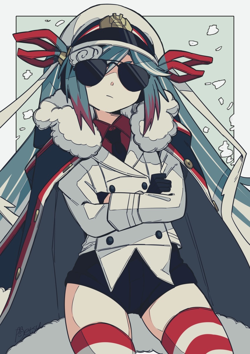 1girl, absurdres, black_coat, black_gloves, black_necktie, black_shorts, blue_hair, buttons