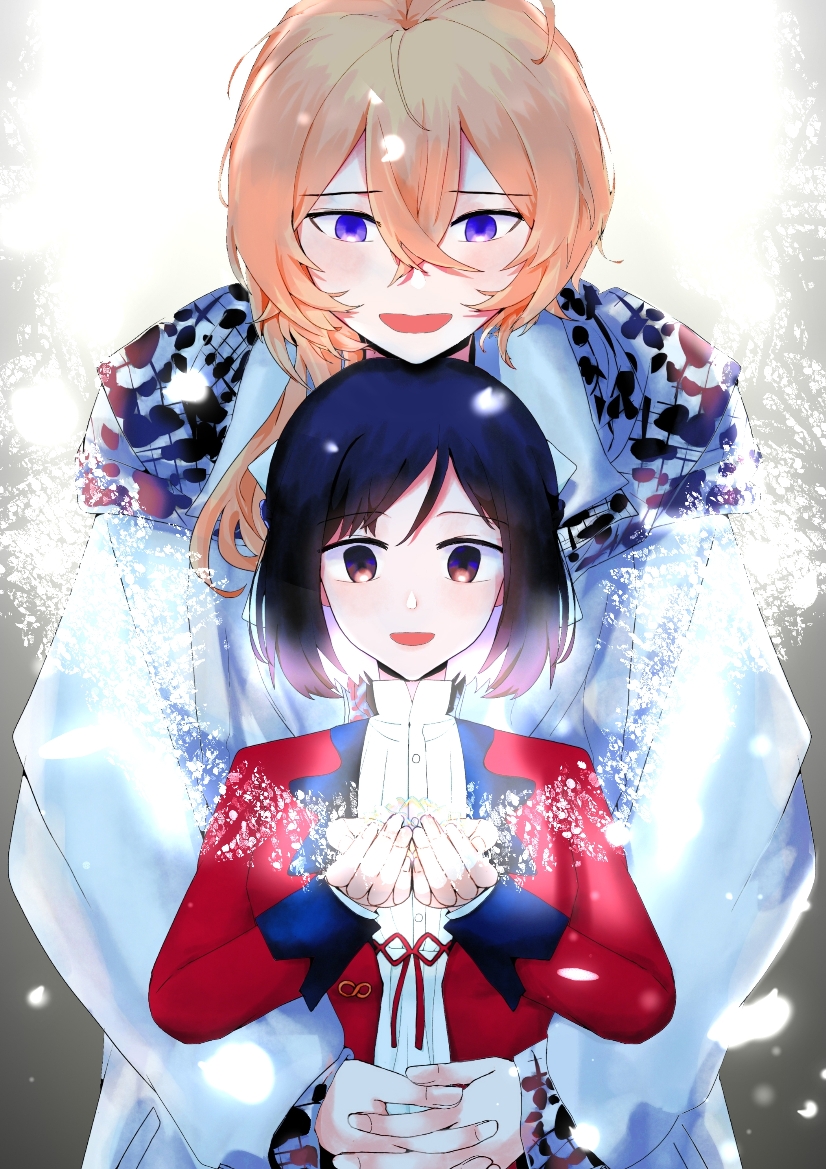 1boy, 1girl, bairidream, blazer, brown_eyes, brown_hair, facing_viewer, hetero