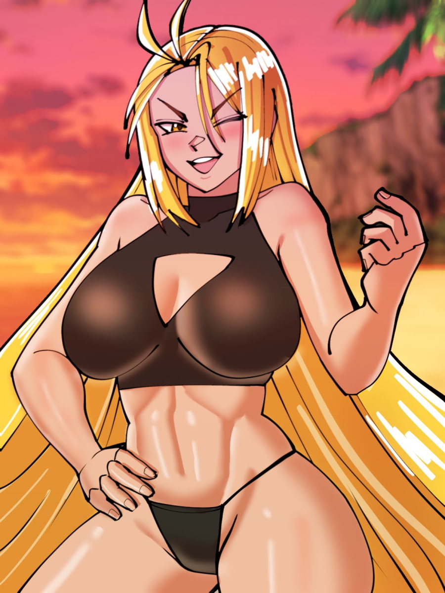 1girl, ;d, alternate_costume, antenna_hair, bare_arms, bare_shoulders, beach, bikini