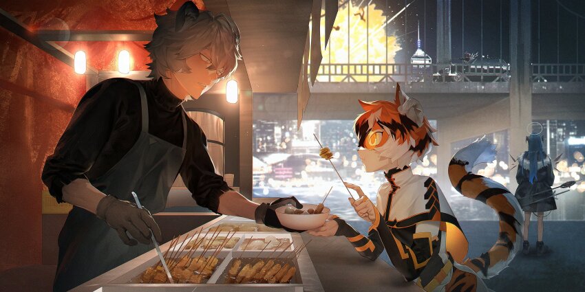 1boy, 2girls, animal_ears, apron, arknights, bear_boy, bear_ears, blue_hair