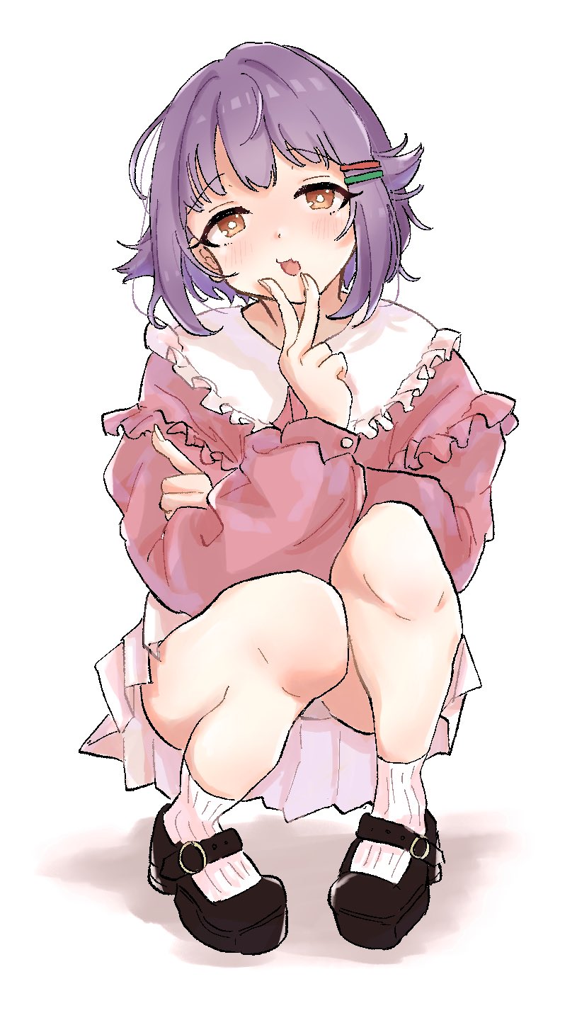 1girl, bare_legs, black_footwear, blush, bright_pupils, frilled_shirt_collar, frills, full_body