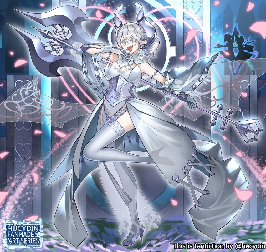 3girls, arianna_the_labrynth_servant, ariane_the_labrynth_servant, breasts, detached_collar, dress, duel_monster, earrings, female_focus, grey_eyes, grey_hair, halberd, heart, highres, holding, holding_weapon, horns, hucydin, jewelry, large_breasts, looking_at_viewer, lovely_labrynth_of_the_silver_castle, multiple_girls, ojou-sama_pose, pointy_ears, polearm, silhouette, tagme, weapon, yu-gi-oh!