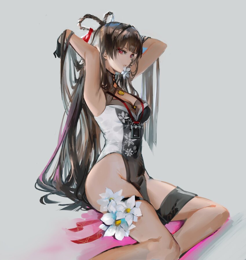 arms_up, black_gloves, braid, braided_hair_rings, breast_cutouts, breasts, brown_hair, china_dress, chinese_clothes, cleavage, dress, feet_out_of_frame, flower, flower_on_mouth, gloves, goddess_of_victory:_nikke, grey_background, hair_rings, half_gloves, hands_in_own_hair, highleg, highleg_dress, highres, holding, holding_own_hair, long_hair, looking_at_viewer, medium_breasts, otimusyairoha, red_eyes, simple_background, sitting, thigh_strap, twin_braids, very_long_hair, yan_(nikke), yokozuwari