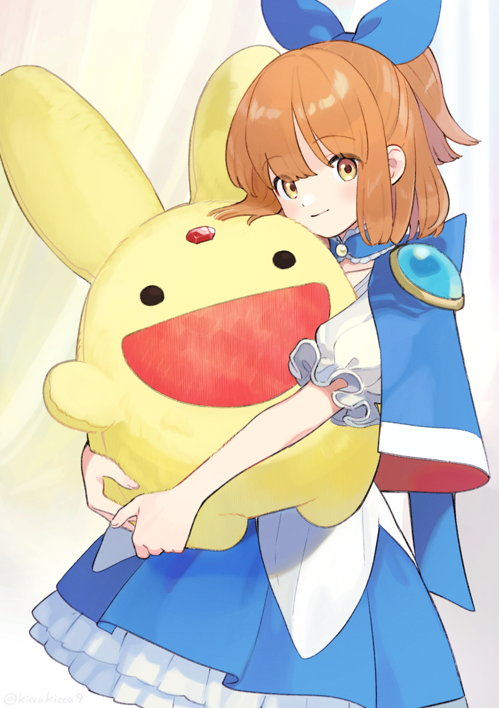 1girl, arle_nadja, blue_capelet, blue_skirt, bow, capelet, carbuncle_(puyopuyo), choker