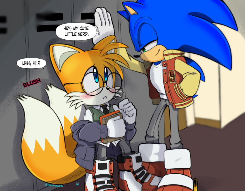 2boys, book, commentary, english_commentary, english_text, furry, furry_male, hallway, highres, holding, holding_book, indoors, jacket, jersey, letterman_jacket, male_focus, mintokitsune, multiple_boys, off_shoulder, school_uniform, sonic_(series), sonic_the_hedgehog, tails_(sonic), yaoi