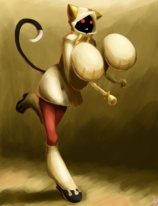 1girl, animal_ears, animal_hands, animal_hood, arc_system_works, blazblue, blonde_hair, braid, cat_ears, cat_girl, cat_hood, cat_tail, chestnut_mouth, dark-skinned_female, dark_skin, diestro, female_focus, gloves, glowing, glowing_eyes, hood, hoodie, hunoni, leg_warmers, long_hair, paw_gloves, paw_pose, red_eyes, solo, tail, taokaka, twin_braids