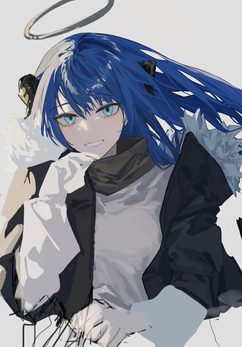1girl, arknights, black_jacket, black_scarf, blue_eyes, blue_hair, commentary_request, floating_hair