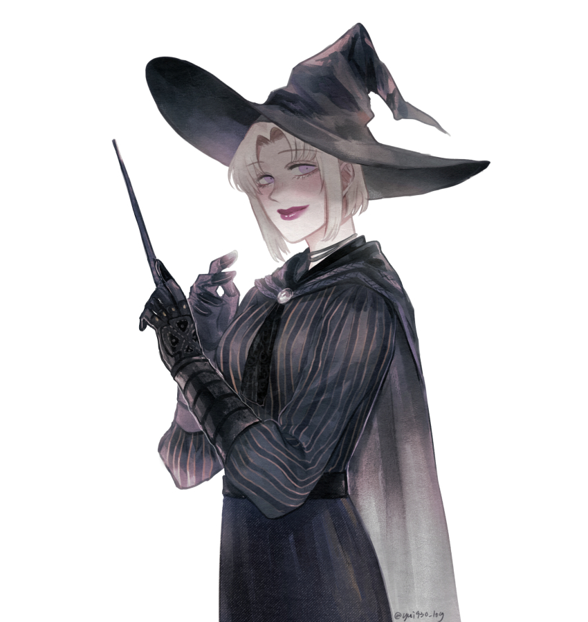 1girl, black_cape, black_gloves, black_shirt, black_skirt, breasts, cape, choker