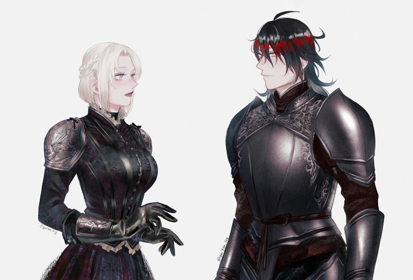 1boy, 1girl, absurdres, ahoge, armor, black_dress, black_gloves, black_hair