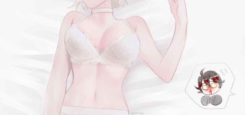 1boy, 1girl, black_hair, blood, bra, breasts, chibi, chibi_inset, choker, commentary, english_commentary, flying_sweatdrops, head_out_of_frame, highres, large_breasts, lying, milady_(yui930), multicolored_hair, navel, nijisanji, nijisanji_en, nosebleed, on_back, original, panties, red_hair, solo_focus, streaked_hair, twitter_username, two-tone_hair, underwear, virtual_youtuber, vox_akuma, white_bra, white_choker, white_hair, white_panties, yellow_eyes, yui930