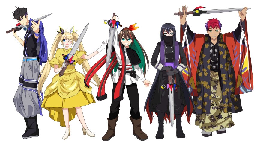 2boys, 3girls, absurdres, etna_crimson, highres, holding, holding_sword, holding_weapon
