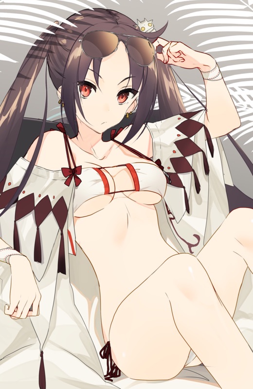 1girl, bare_shoulders, bikini, brown_hair, closed_mouth, earrings, eka_eri, eyepatch_bikini